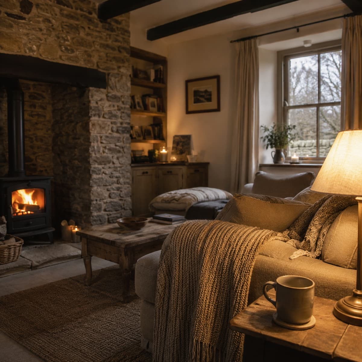 A warm, lived-in Cumbrian stone cottage interior, lamp-lit with a wood burner.