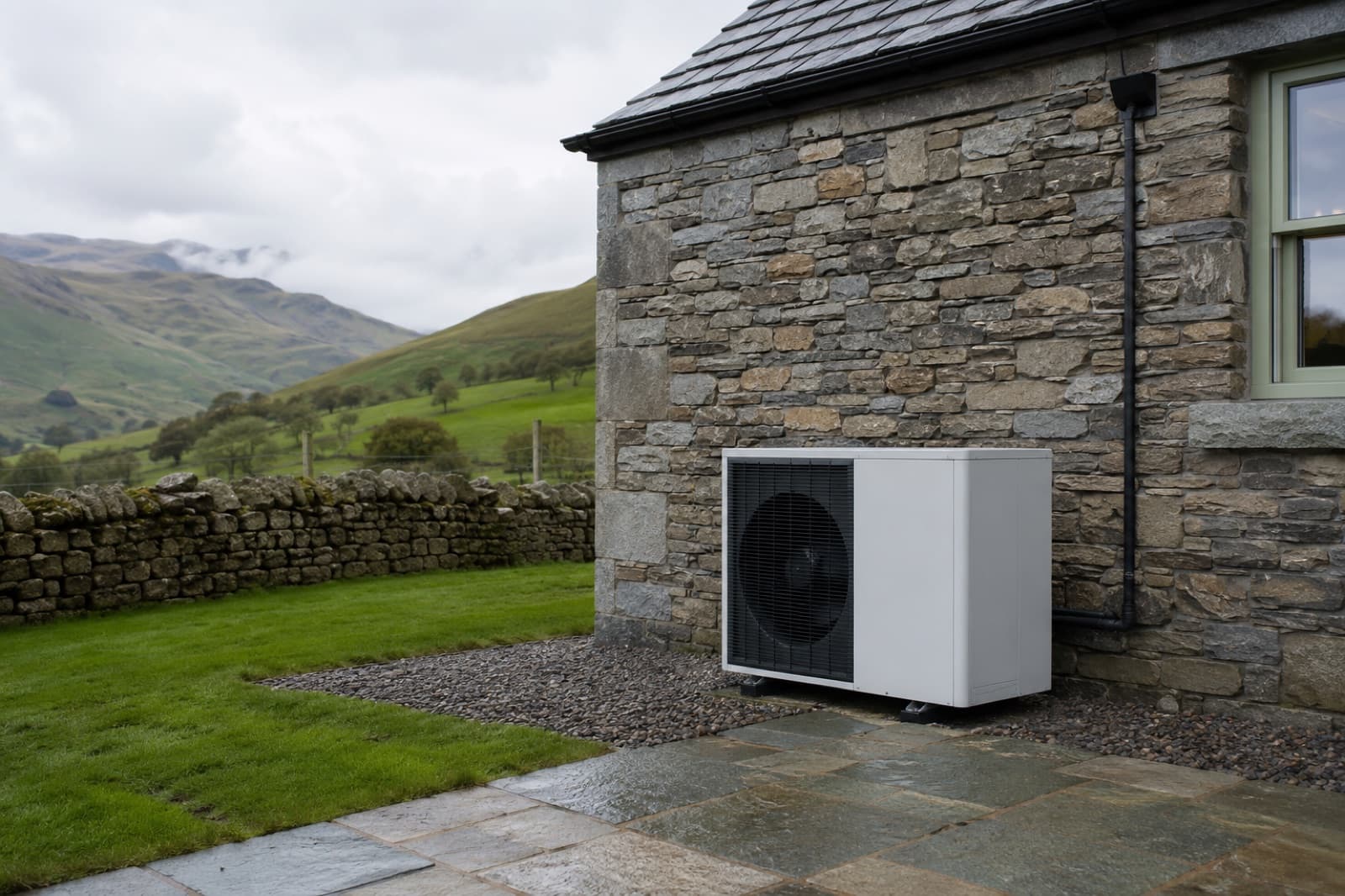 An air source heat pump fitted to a traditional Cumbrian stone farmhouse, fells behind.