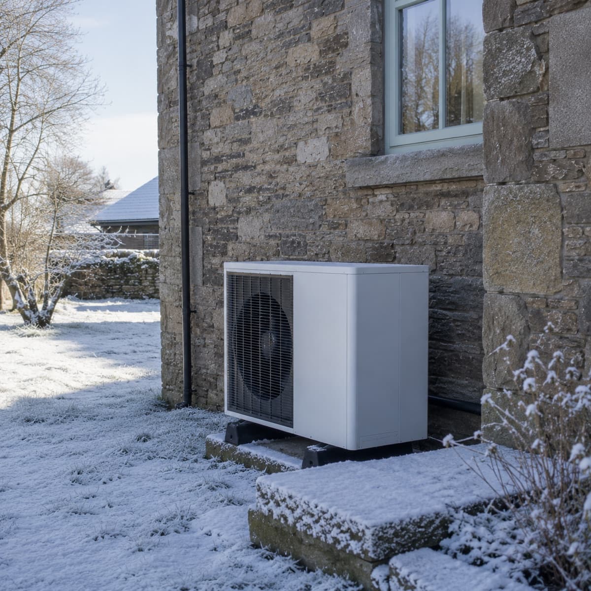 An air source heat pump running outside a Cumbrian stone home in the snow.