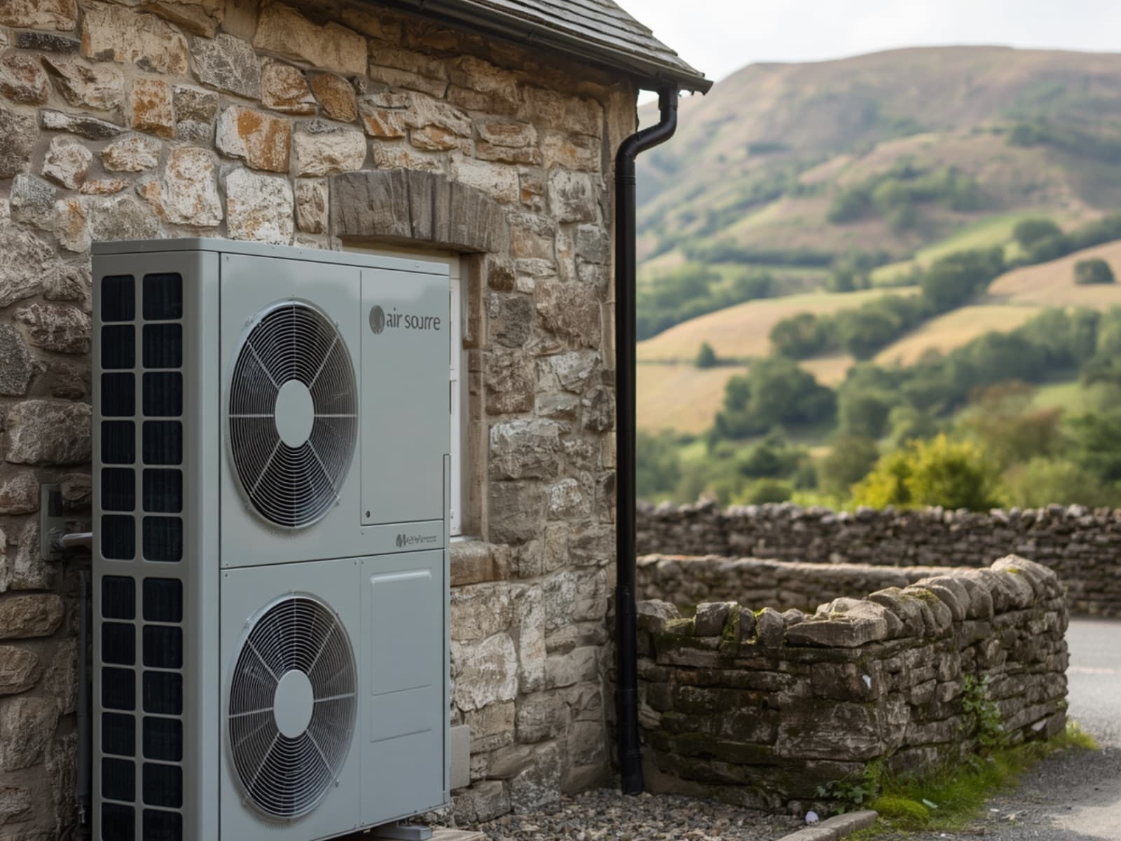 A modern air source heat pump on the wall of a Cumbrian stone farmhouse, green fells behind.