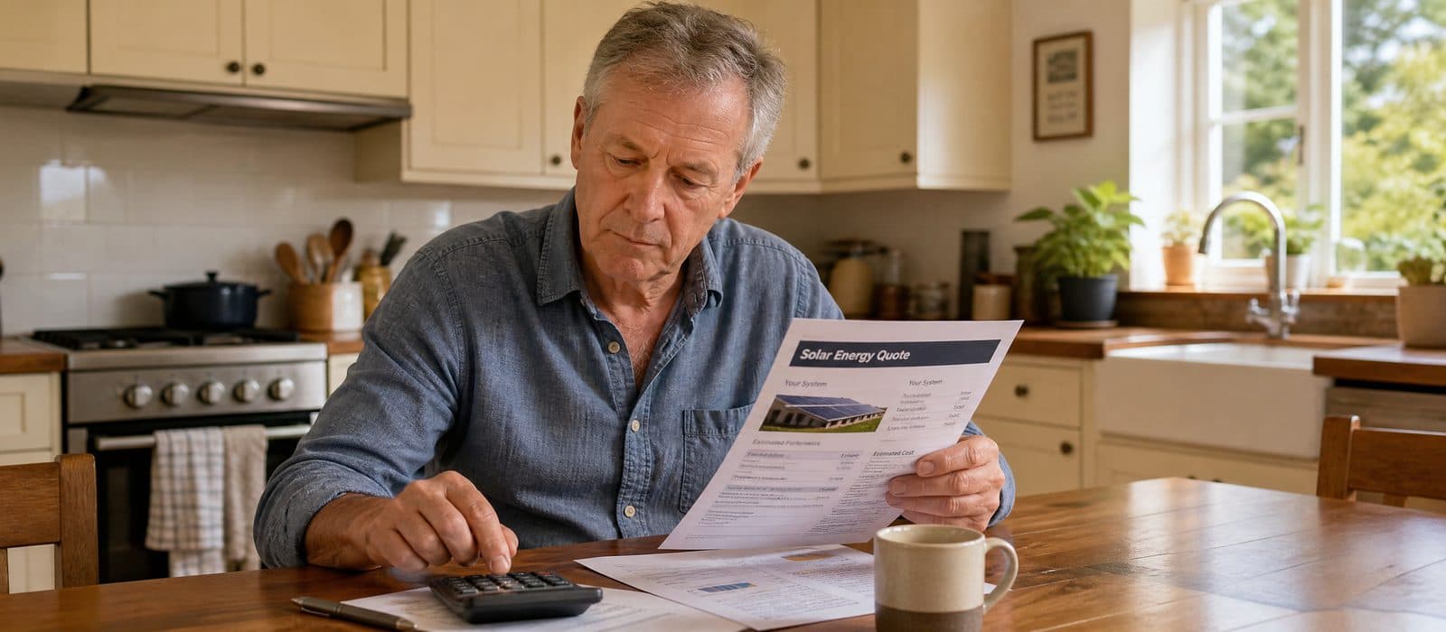A homeowner at his kitchen table working out the cost per kilowatt of a solar quote on a calculator.