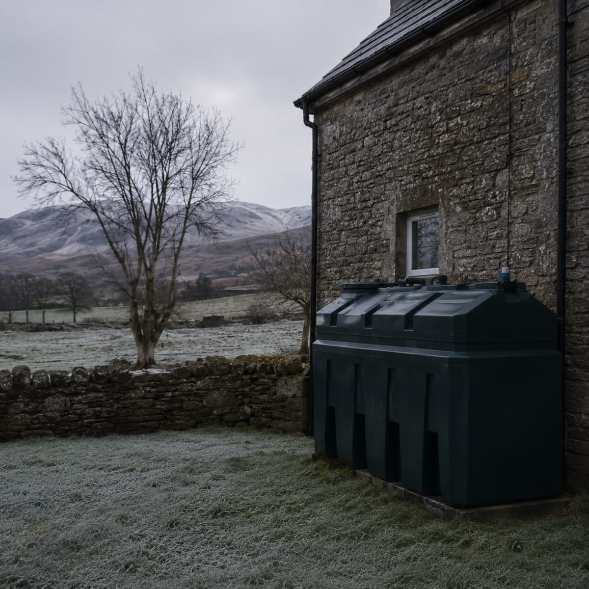 An oil tank beside a rural Cumbrian home on a frosty winter morning.