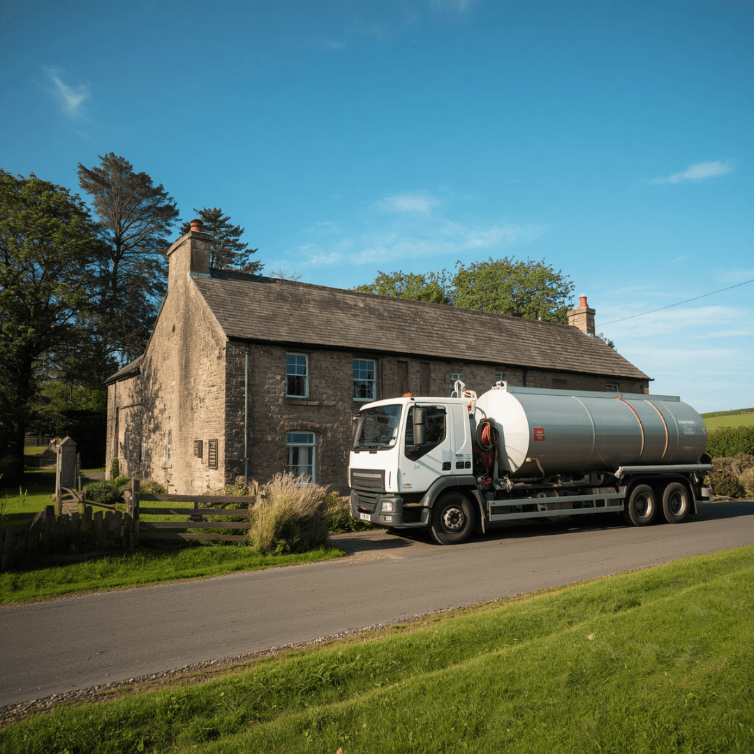 A fuel delivery tanker on the lane outside a rural Cumbrian stone farmhouse.