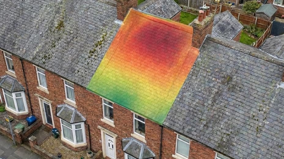 A row of UK terraced houses seen from above, with one roof highlighted by a solar potential heat map.