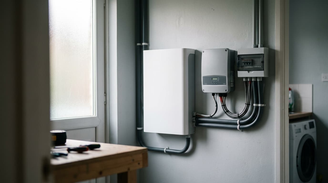 A home battery storage unit mounted on a utility room wall next to an inverter.
