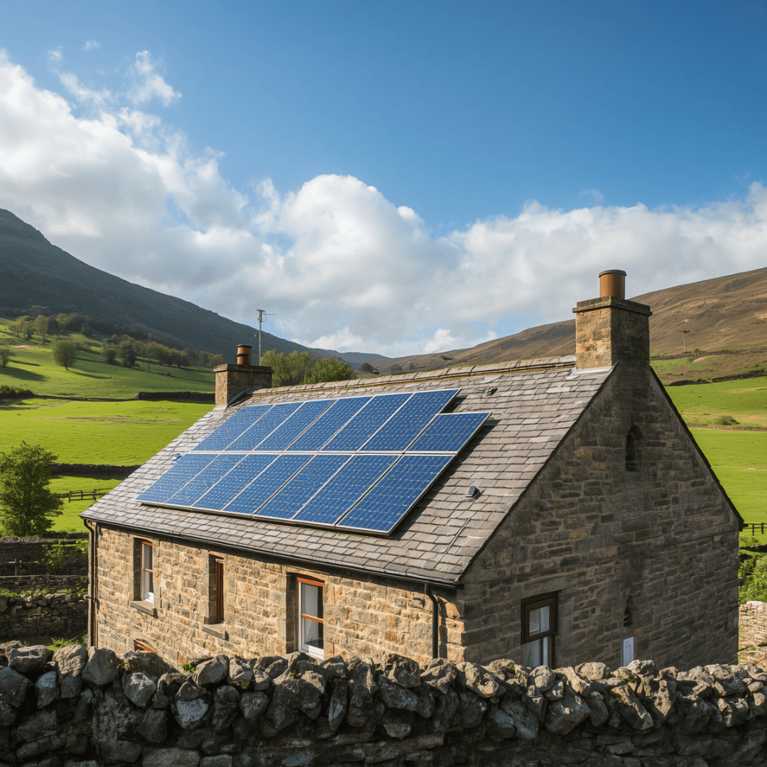 Solar panels on the slate roof of a Cumbrian stone farmhouse under a bright sky.