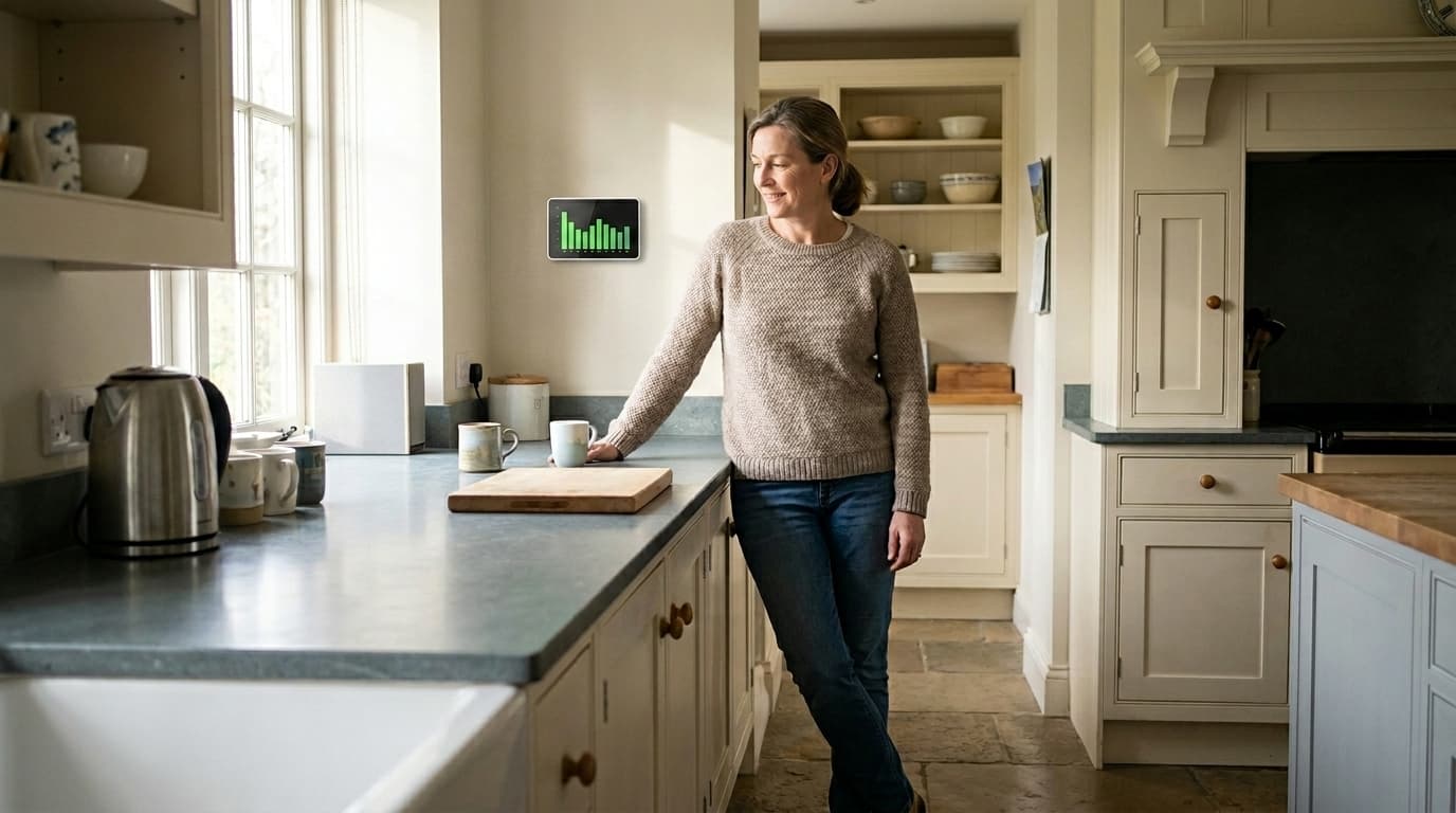 A homeowner in a country kitchen glancing at an energy monitor showing live solar generation.