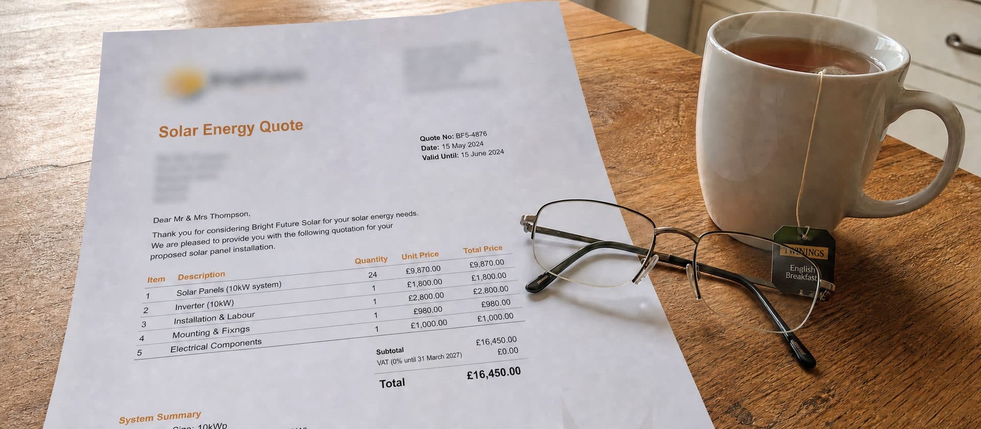 An itemised solar quote on a kitchen table next to a mug of tea and a pair of reading glasses.